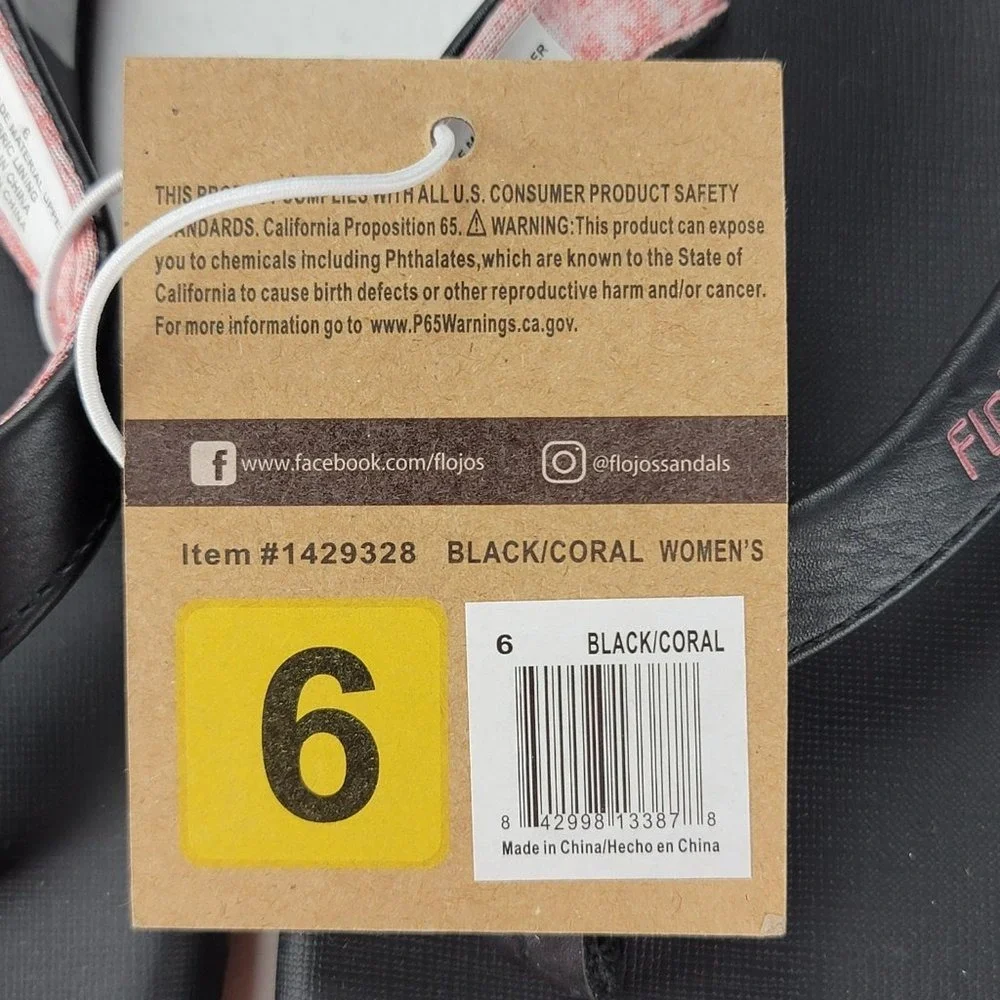 Flojos‎ Womens Flip Flop Sandals Black Coral Size 6 Thong Summer Beach NWT